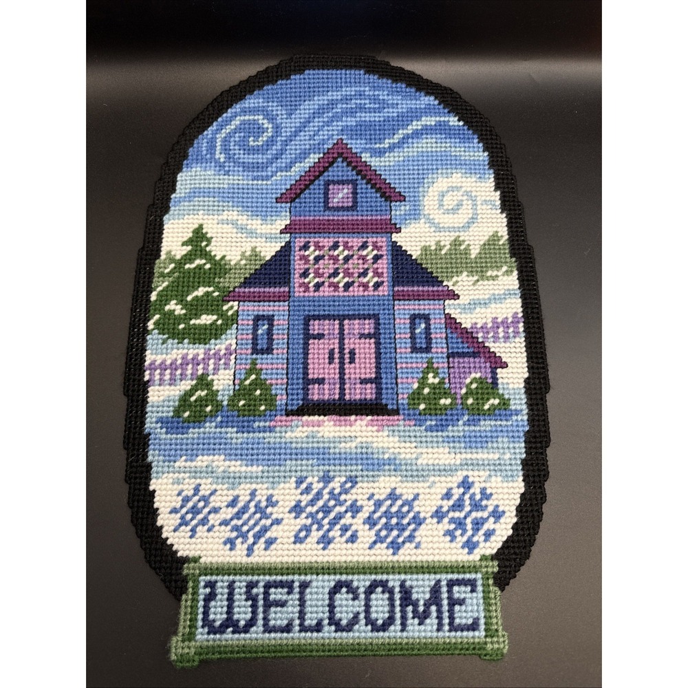 Welcome Winter Plastic Canvas Completed Wall Decor Door Hanger Snow House‎